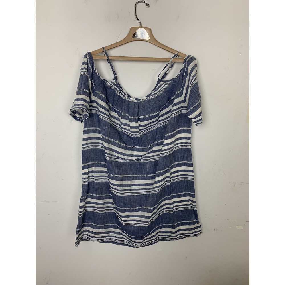 Saks Fifth Avenue Women Shirt M Blue Beachy Coastal Travel Resort Summer Boho